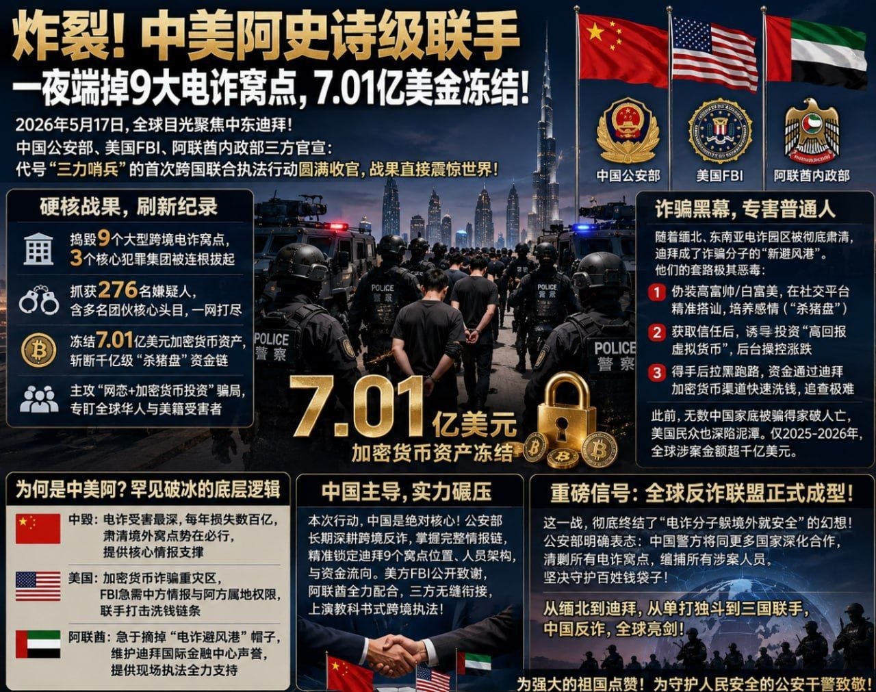 炸裂！中、美、阿史诗级联手，一夜端掉9大电诈窝点，7.01亿美金冻结！